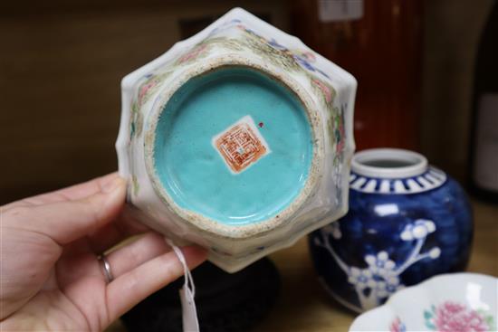 Two Chinese famille rose dishes, a figure of a boy, a porcelain brush pot and a bamboo brush pot tallest 28cm